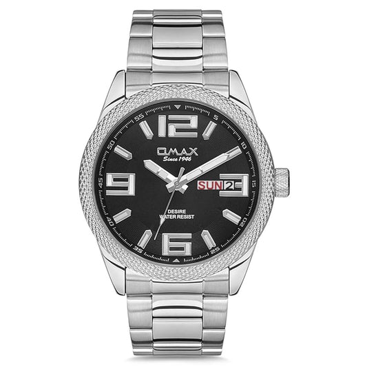Omax Balck Dial Silver Stainless Steel Band Day Date Watch for Men GX43P26I