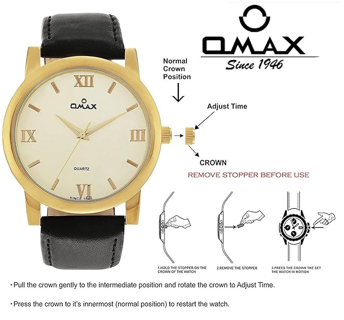 Omax White Dial Golden Case with Black Genuine Leather Watch for Men BBGS305Q001