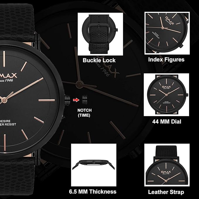 Omax Black Dial Black Case With Leather Strap , Rose Gold Index Watch for Men-DX31M22O