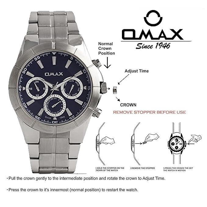 Omax Big Blue Dial Multifunction Strong Stainless Steel Silver Color Bracelet Chain Day Date and Month Heavy Duty Watch for men-SS601