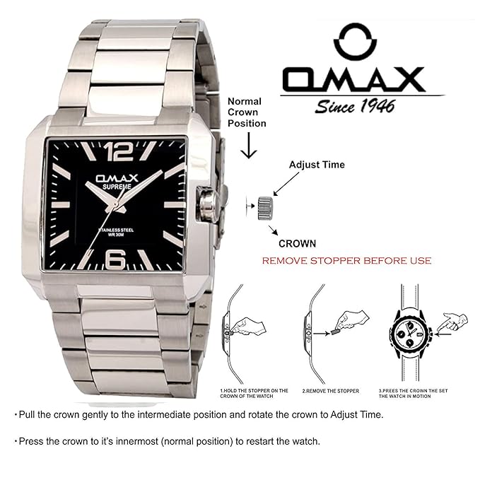Omax Black Square Dial Stainless Steel Silver Band watch for Men SS297