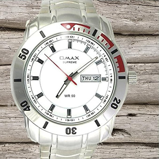 Omax White Day Date  Dial With Silver Stainless Steel Bracelet  Chain Watch for Men - SS192