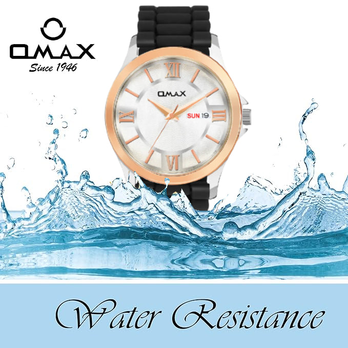 Omax analog White Dial, Rose Gold Case with Black Log lasting Silicone Strap watch for Men BGS6515