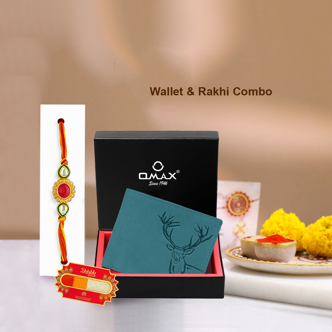 OMAX Aqua Blue Elk Embossed Design Genuine Leather Mens Wallet with Free Rakhi for Brother RBFW253