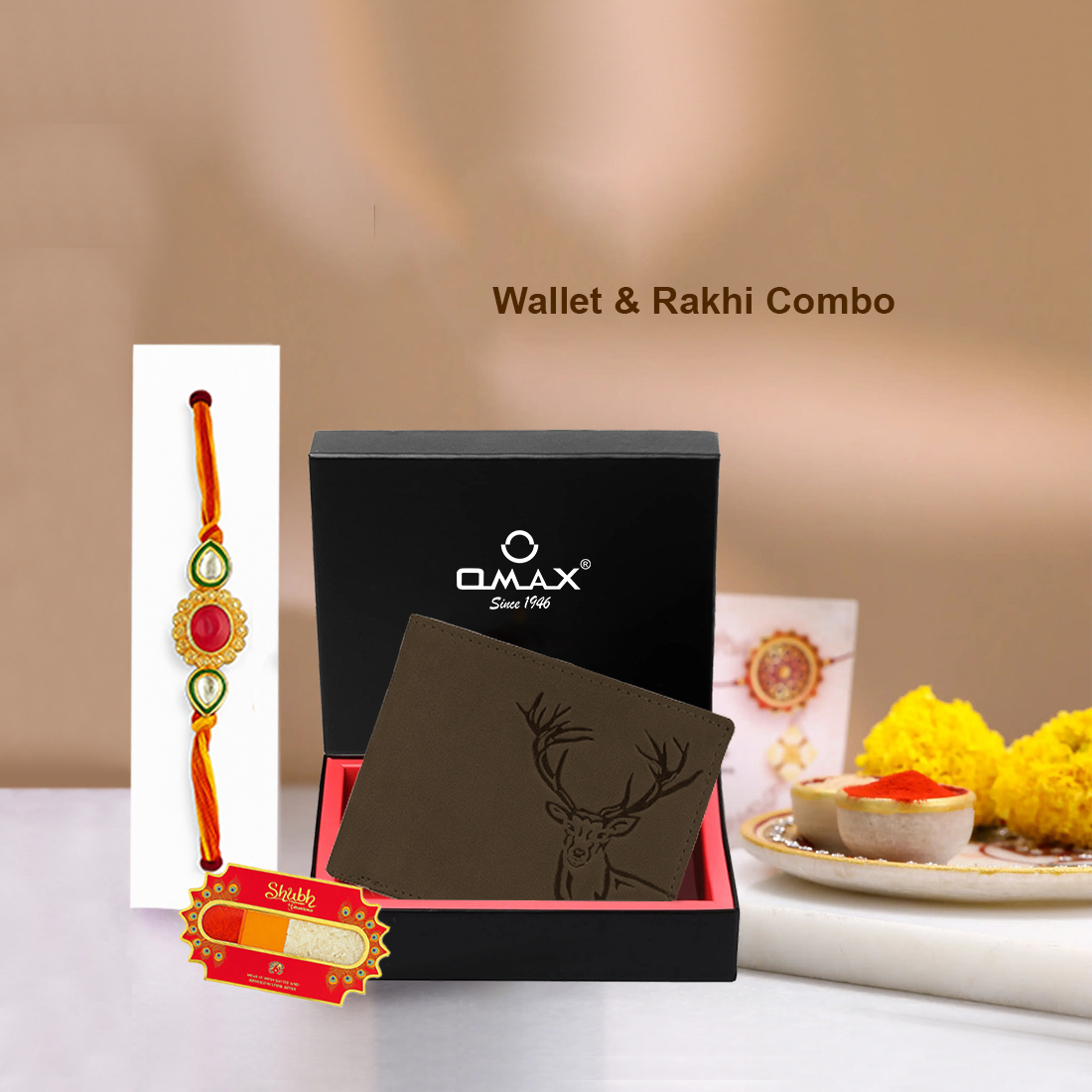 OMAX Brown Elk Embossed Design Genuine Leather Mens Wallet with Free Rakhi for Brother RBFW253
