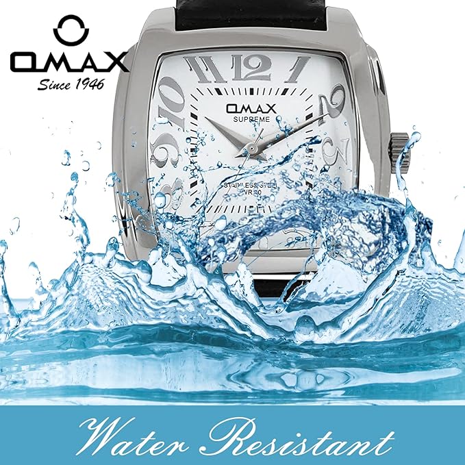 Omax White Square Dial Silver Case With Genuine Leather Strap for Men SS311
