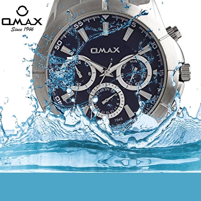 Omax Big Blue Dial Multifunction Strong Stainless Steel Silver Color Bracelet Chain Day Date and Month Heavy Duty Watch for men-SS601