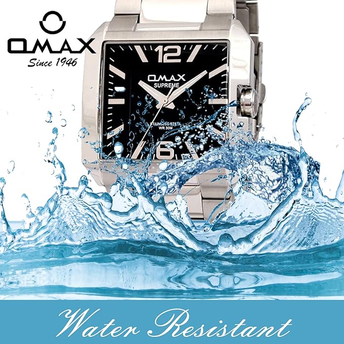 Omax Black Square Dial Stainless Steel Silver Band watch for Men SS297