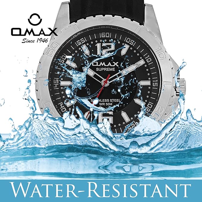 Omax Black Dial Silver Case with Black Soft Silicone Mens Watch SS277