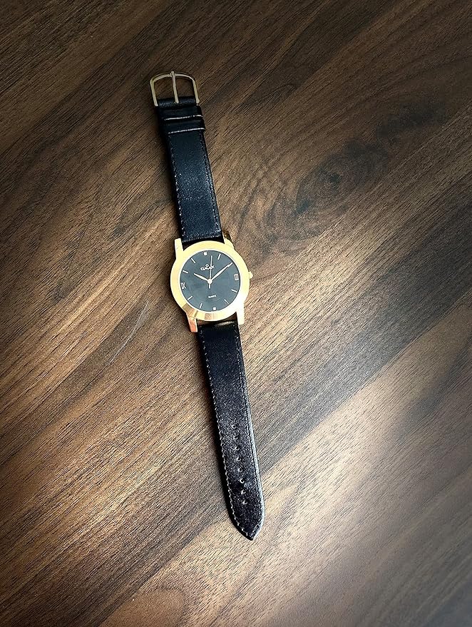 Omax Black Dial Golden Case with genuine Leather Strap Watch for Men BGS314Q002