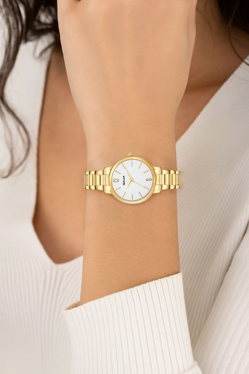 Omax White Dial Golden Stainless Steel Case and Strap Watch for Women