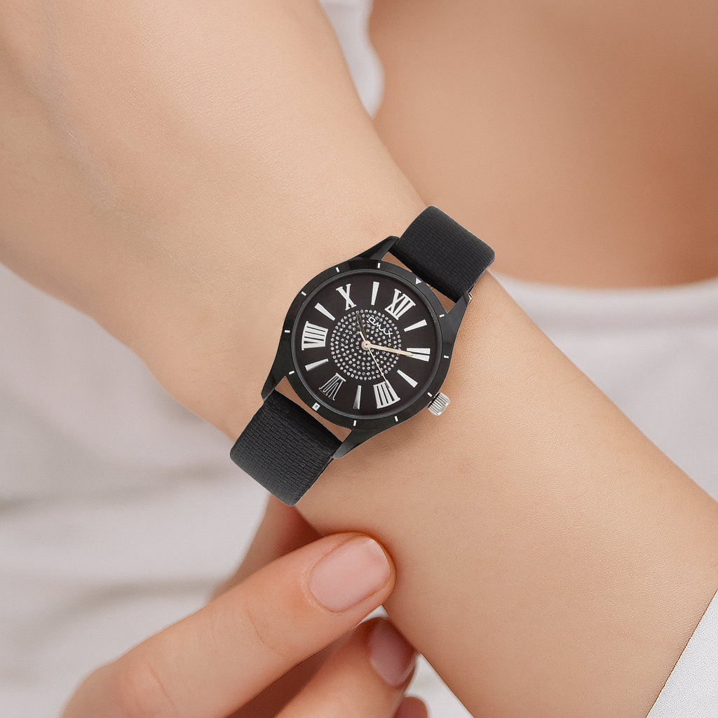 Omax Black Dial ,Case , Genuine Leather Strap LS305