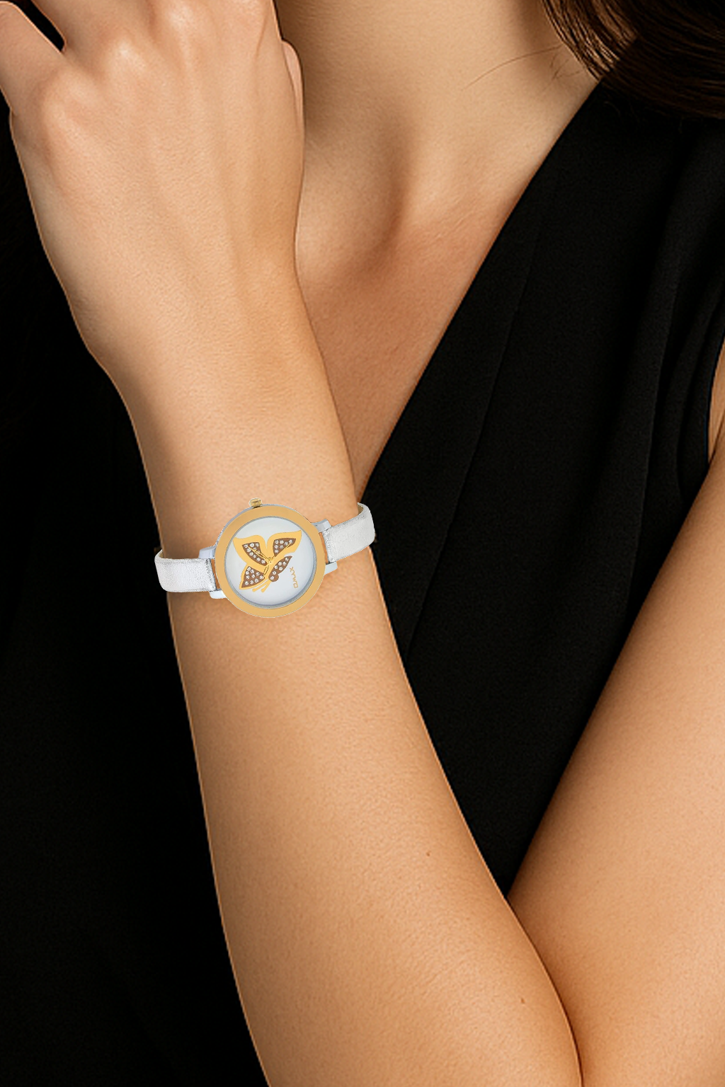 Omax White Dial Butterfly Design With Genuine Leather Silver Foil Strap watch for Women-LS313