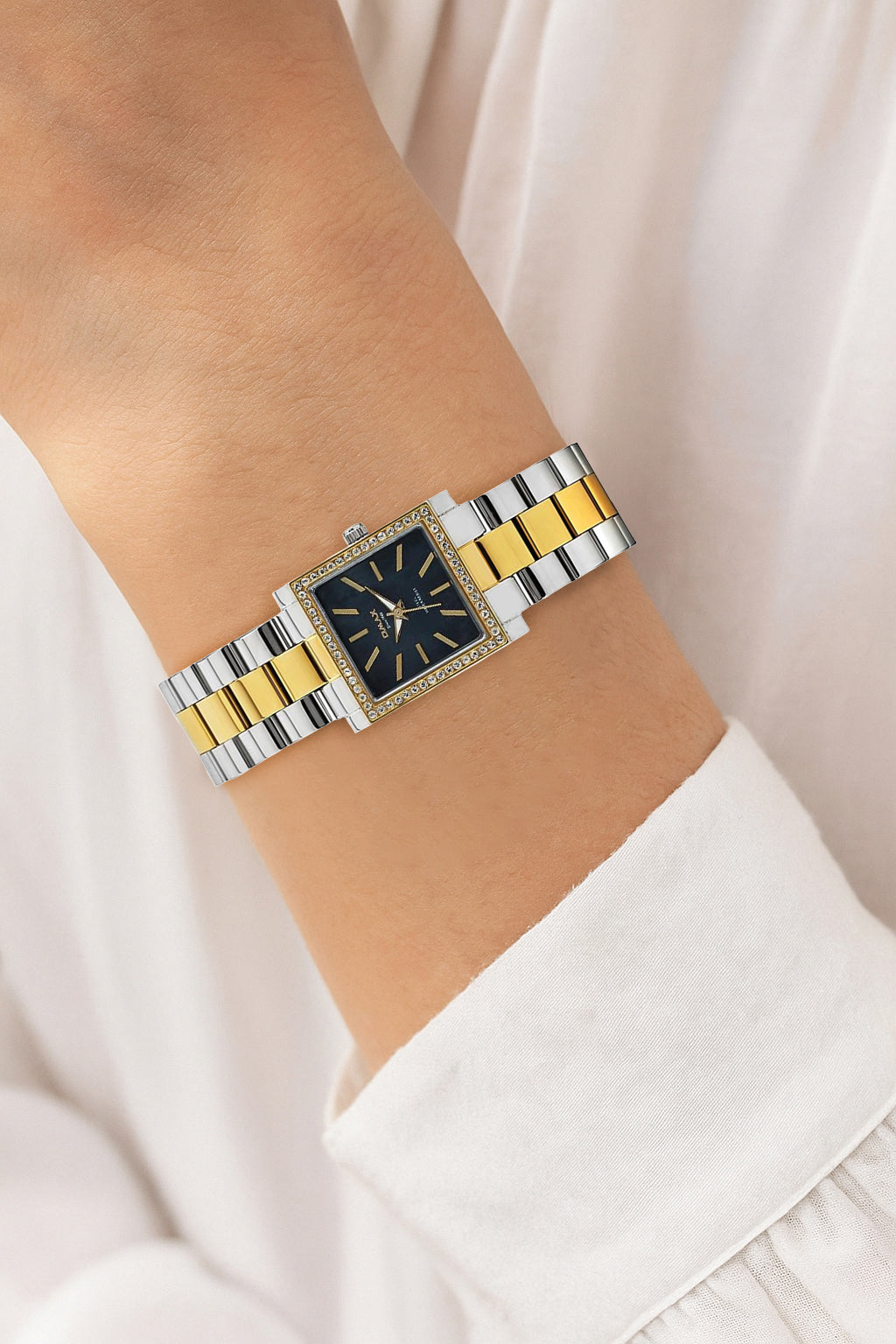 OMAX Black square Analog Dial with Stainless Steel Gold and Silver Strap Watch for Women-LS197