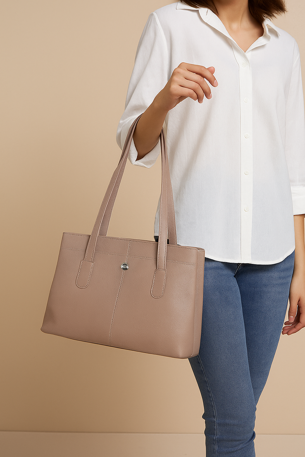 Omax Beige Genuine Leather Double Compartment Shoulder Handbag for Women LTHRL6