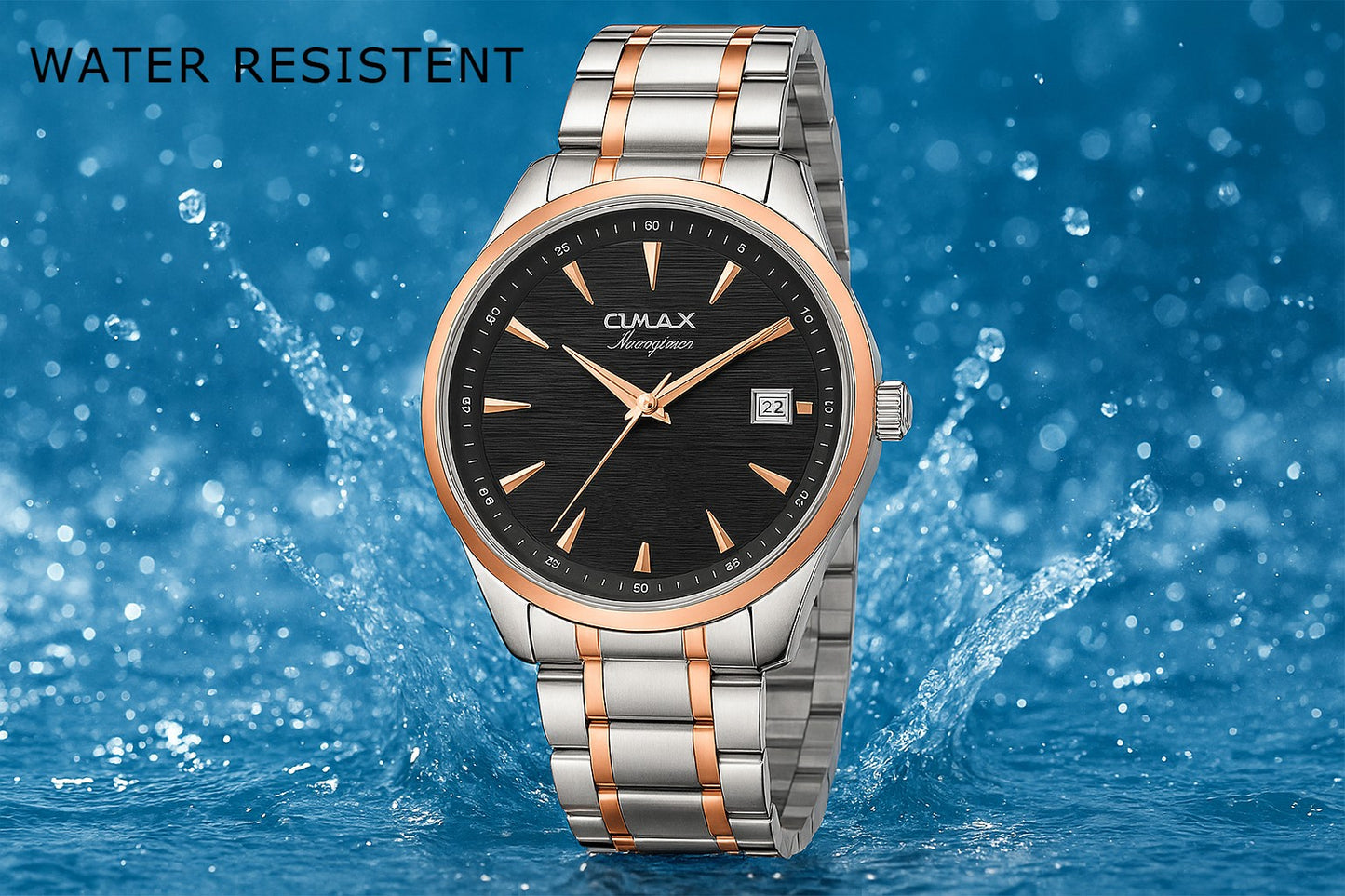 Omax Black Dial Stainless Steel Two Tone Rose Gold and Silver Chain Watch for Men-BGS440