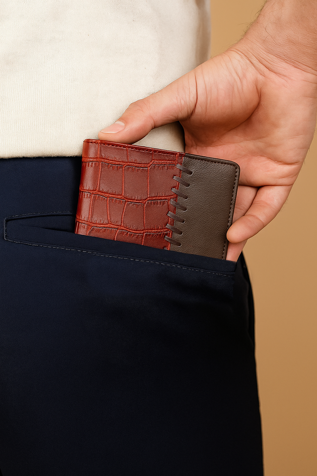 BOSHEK Brown Red Hand Stitched Croco Pettern Leather Men's Wallet FW243