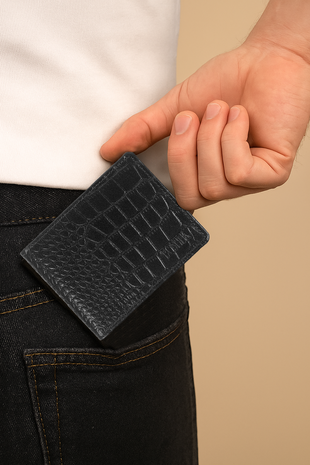 BOSHEK Black Croco Effect Stylish Slim Genuine Leather Mens Wallet BW30