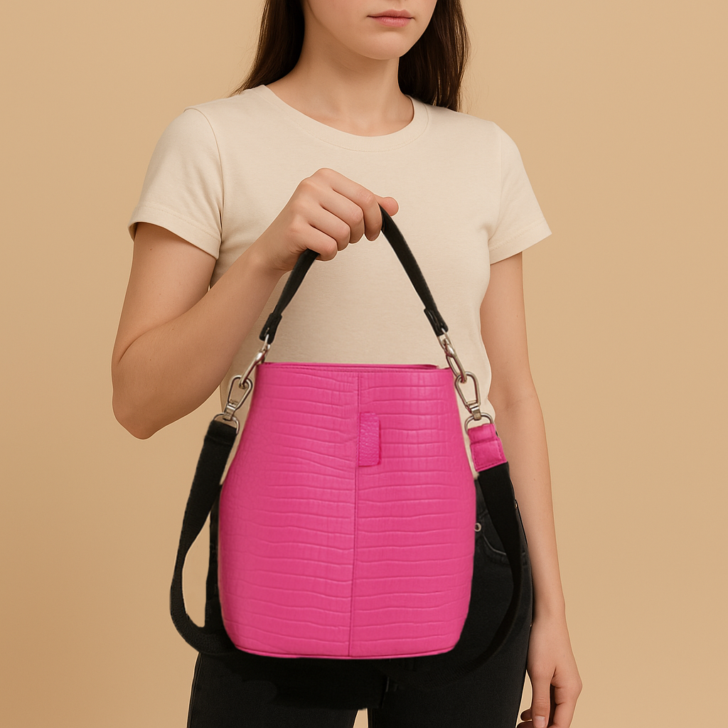 Omax Pink Croco Design Genuine Leather Tote , Bucket Handbag for Women FL56