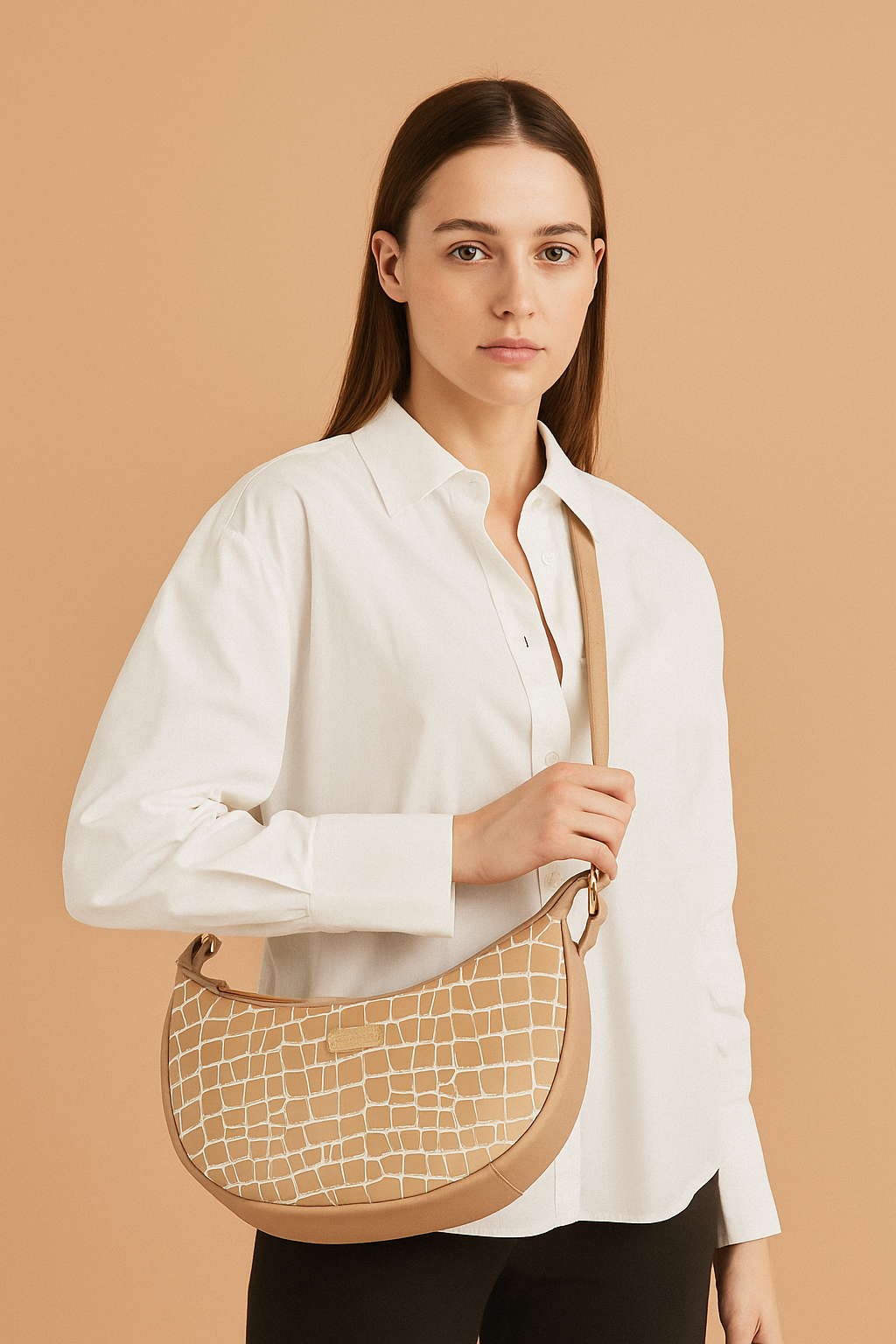 Omax Beige Halfmoon Design Genuine Leather Sling Bag LTHRL5