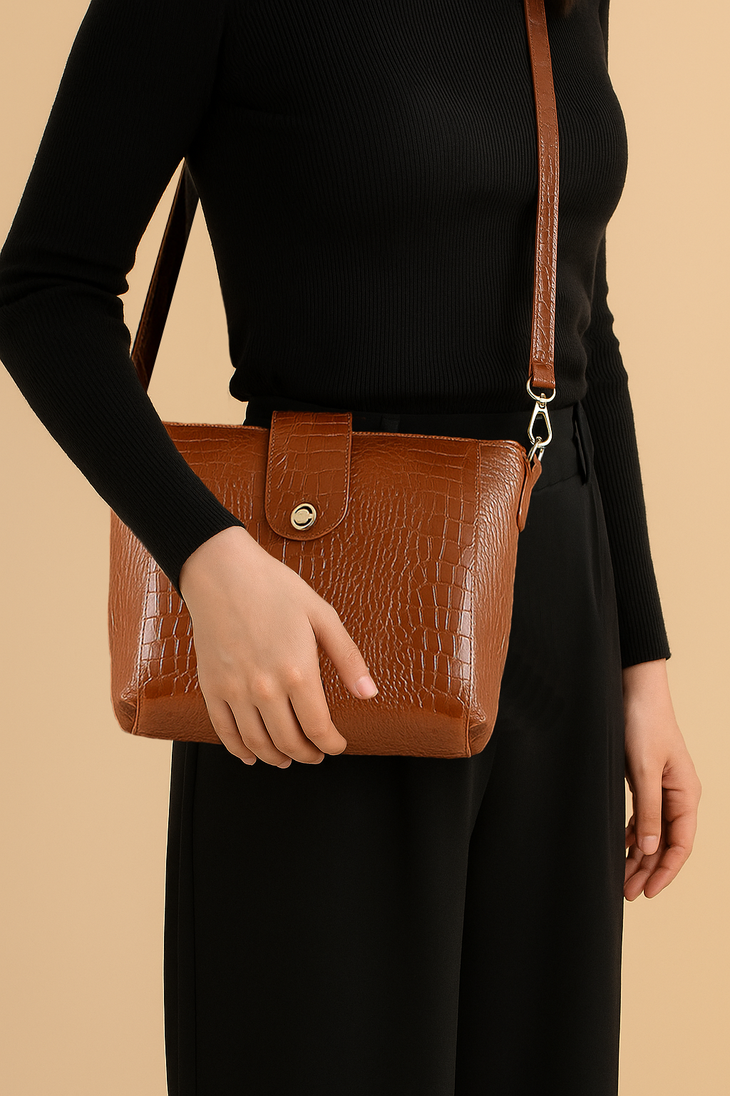 Omax Tan Croco Printed Genuine Leather Shoulder Ladies Handbag a perfect blend of style FL11