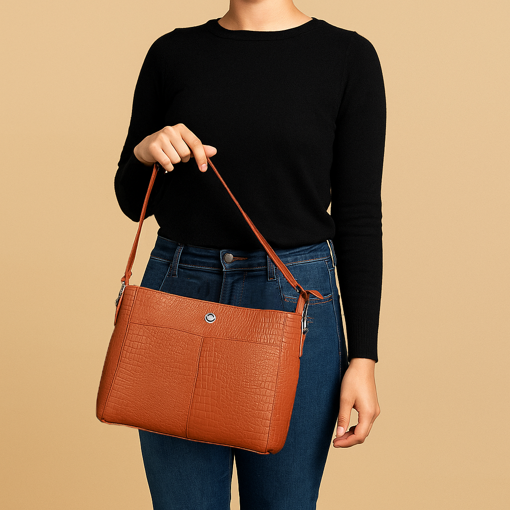 Omax Tan Genuine Leather Croco Stylish Shoulder, Laptop Handbag for Women LTHRL3