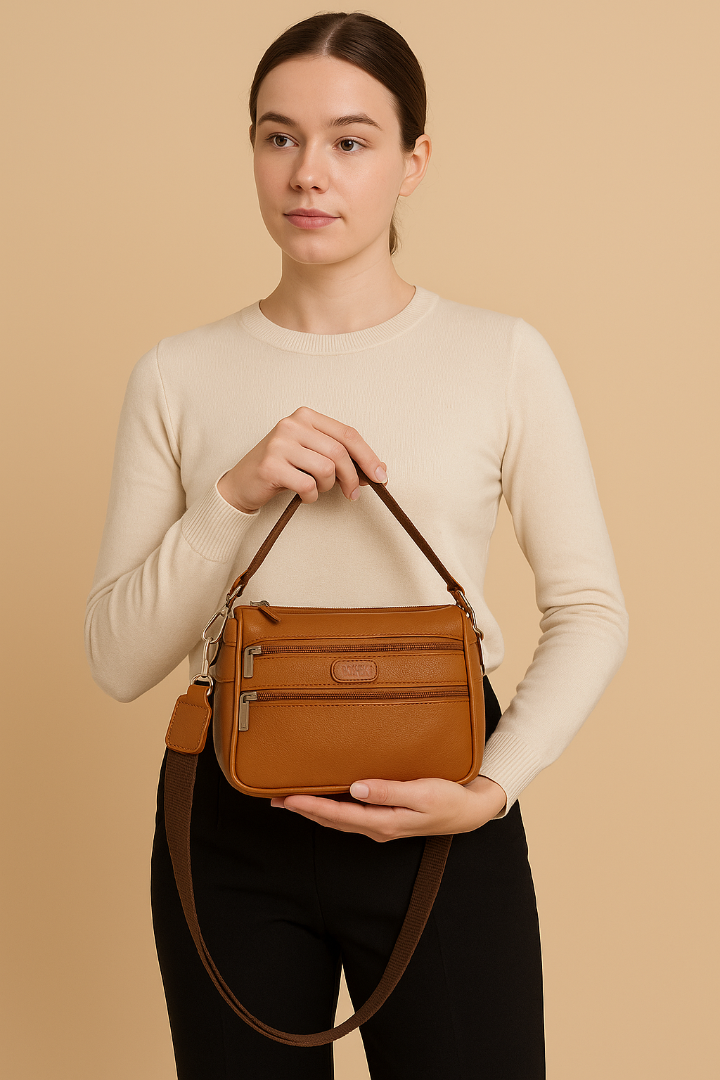 Boshek Tan Color Genuine Leather Mini Coss Body Sling Bag FL65