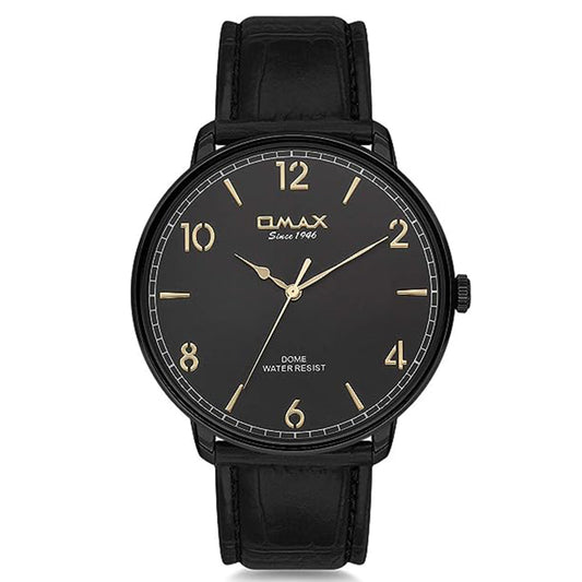 Omax Black Dial With Black Leather Strap With Golden Index Watch for Men-DC001M22Y