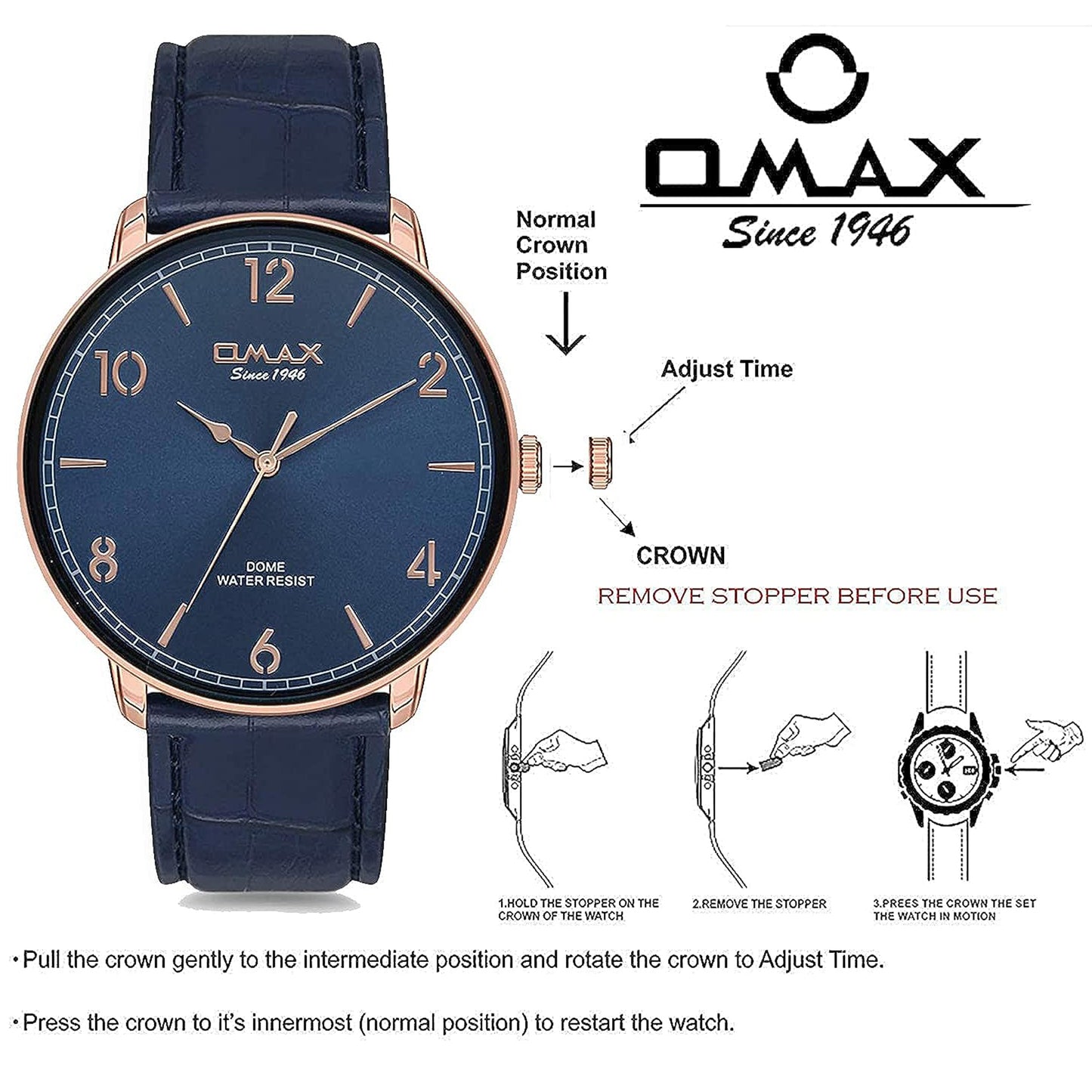 OMAX Blue Dial Blue Genuine Leather Strap with Rose Gold Case & Index Watch for Men-DC001R44I