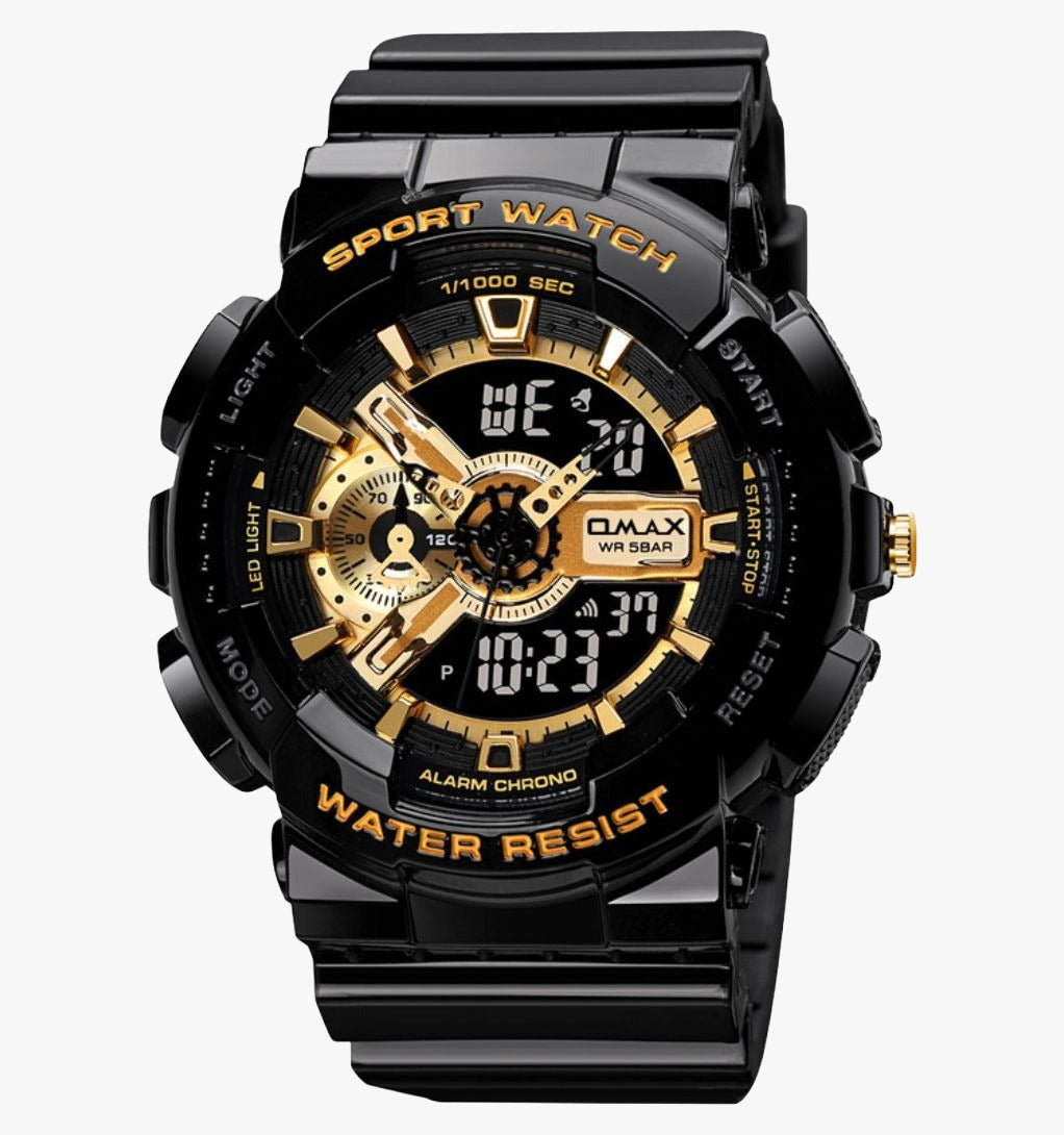 OMAX Analogue and Digital display Black Gold Resin Fiber Case Strap Watch for Men and Women-DS91920P