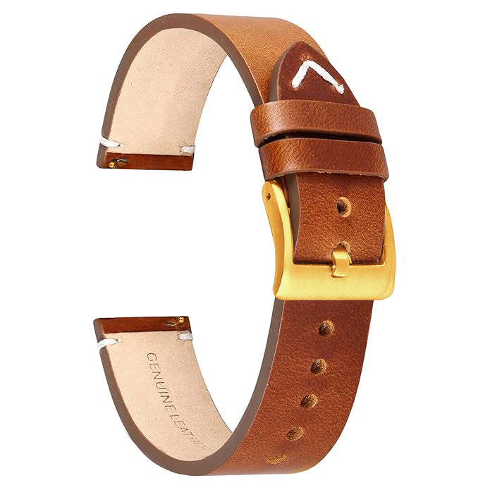 Boshek Tan Color Premium Genuine Leather Watch Strap FS328. Gold buckle Quick Release and Self Changeable