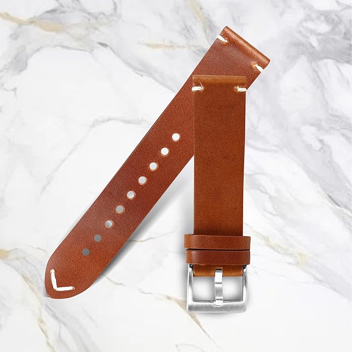 OMAX Genuine Leather Watch Strap Premium Oil Pullup Watch Strap for Quick Release and Self Changeable (Silver Buckle)