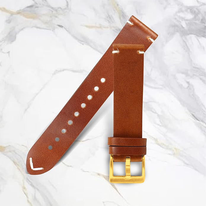 OMAX Genuine Leather Watch Strap Premium Oil Pullup Watch Strap for Quick Release and Self Changeable (Gold Buckle)