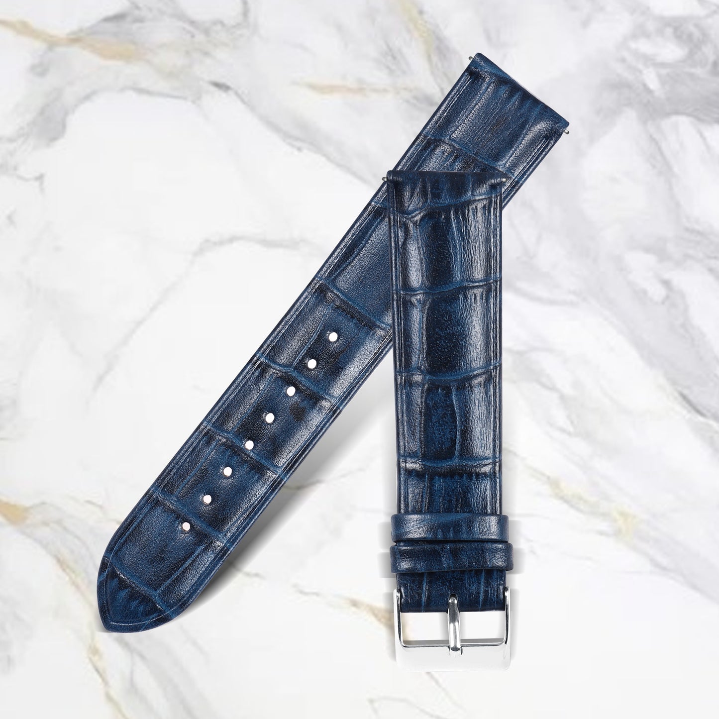 Boshek Blue Genuine Leather Silver Buckle Croco Design Watch Strap for Quick Release and Self Changeable FS351