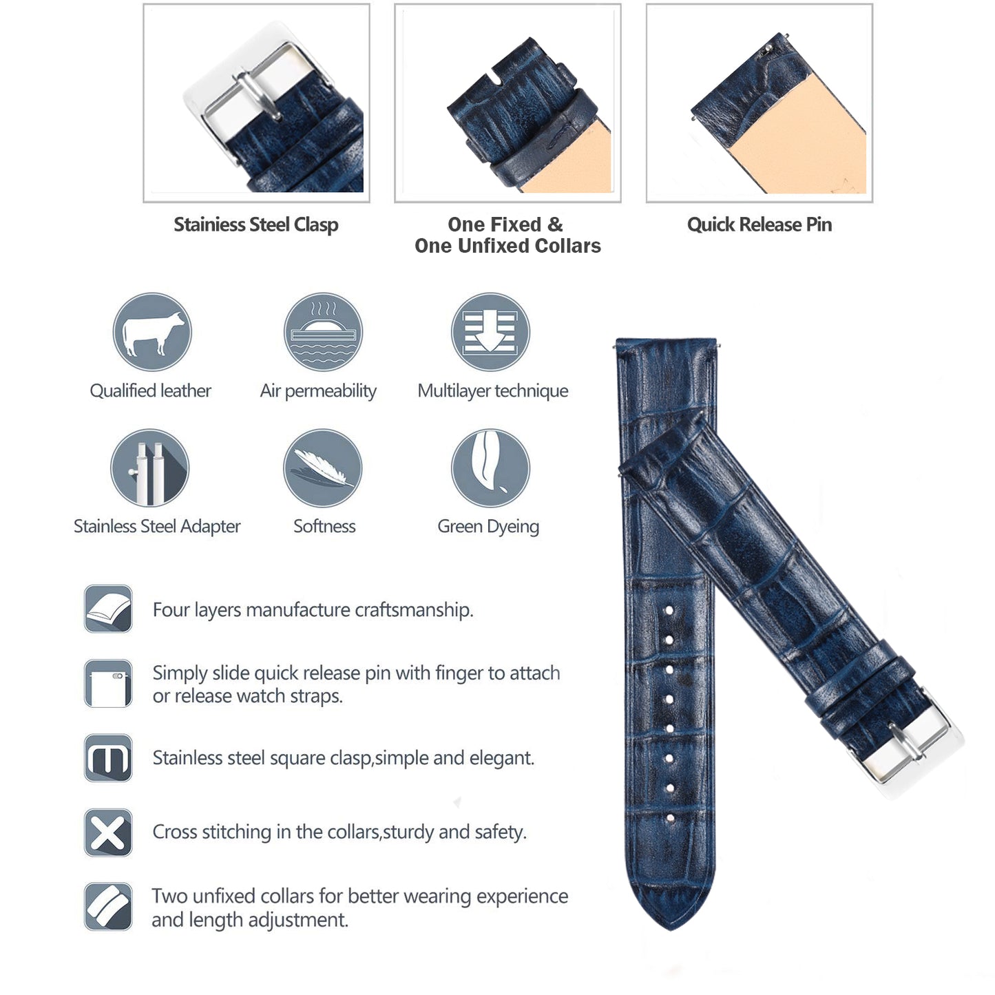 Boshek Blue Genuine Leather Silver Buckle Croco Design Watch Strap for Quick Release and Self Changeable FS351