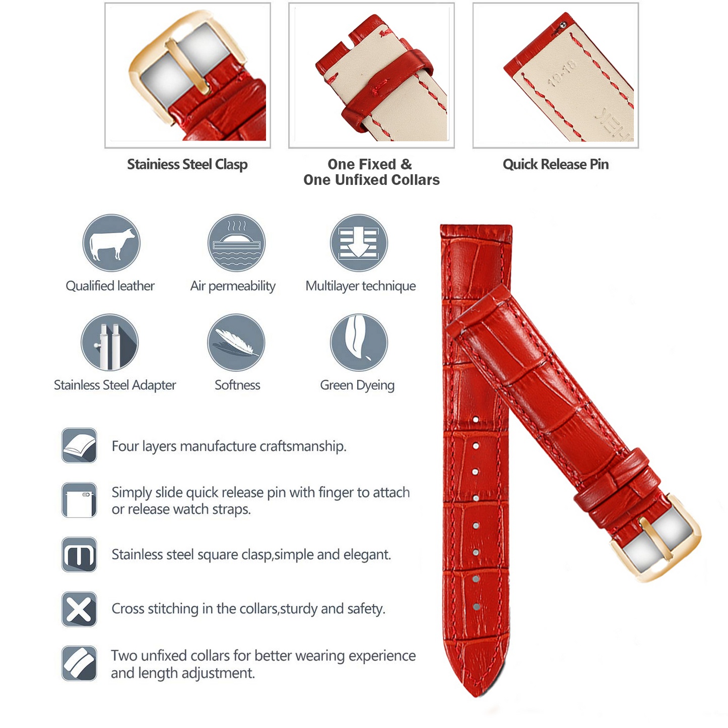 Boshek Red Genuine Leather Croco Design Watch Strap. Golden Buckle Quick Release and Self Changeable FS354-RD-19-G