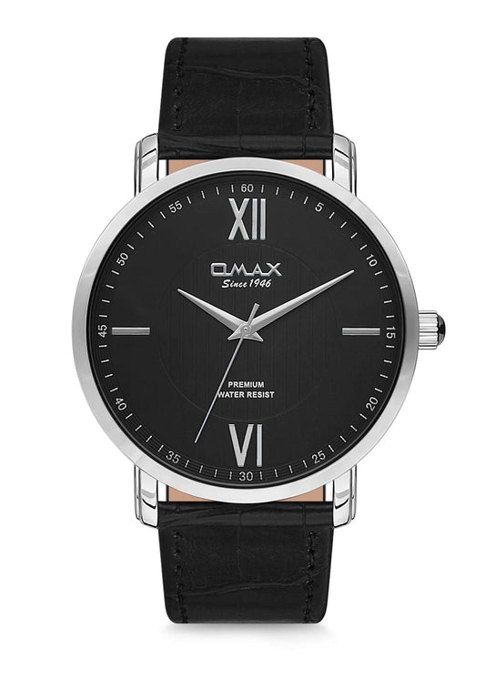 Omax Black Dial Silver Case and Index with Black Leather Watch for Men- GU03P22I