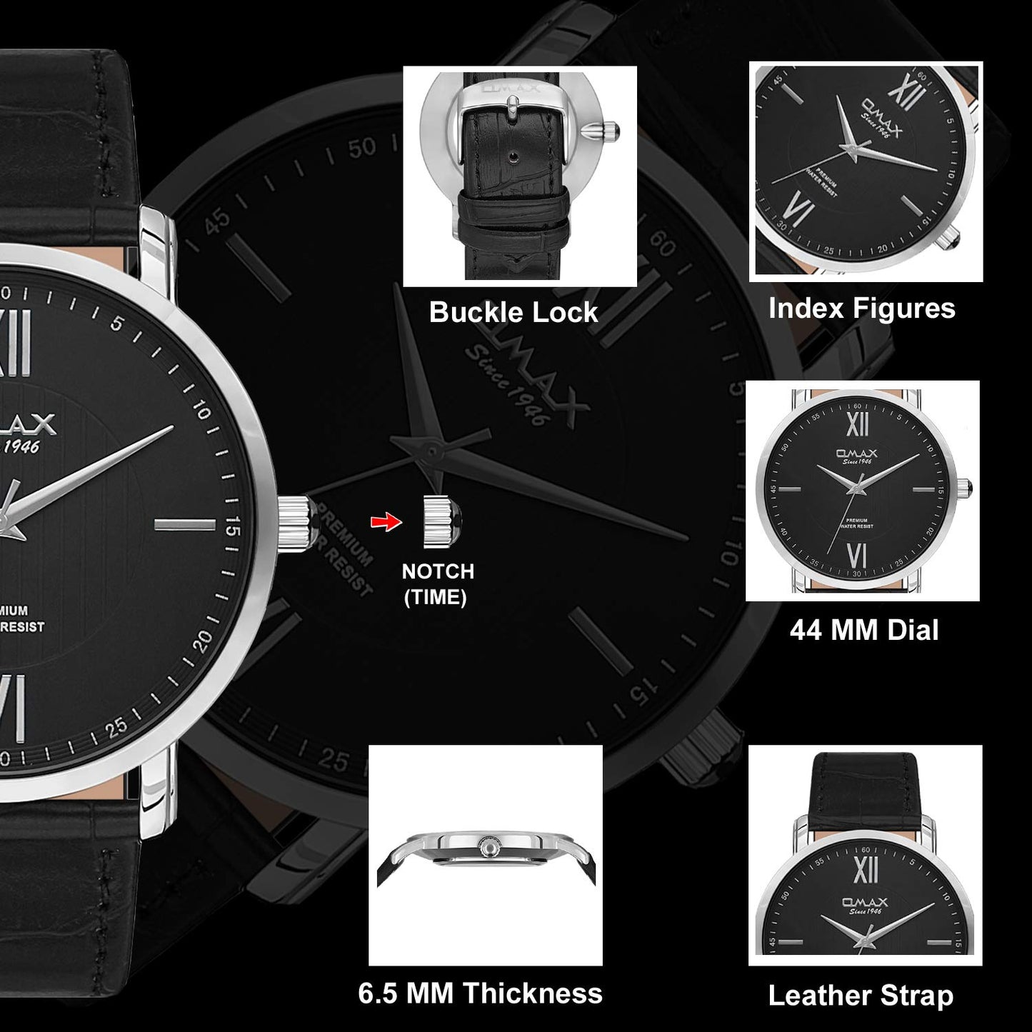 Omax Black Dial Silver Case and Index with Black Leather Watch for Men- GU03P22I