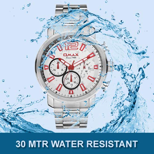 Omax White Dial With Red Index, Silver Stainless Steel Chain Muiltifunction Watch for Men-GX16P36R