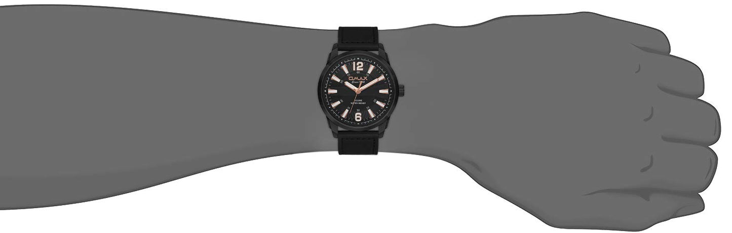 Omax Analog Black Dial Black Leather Strap Watch with Rose Gold Index - GX29M22O