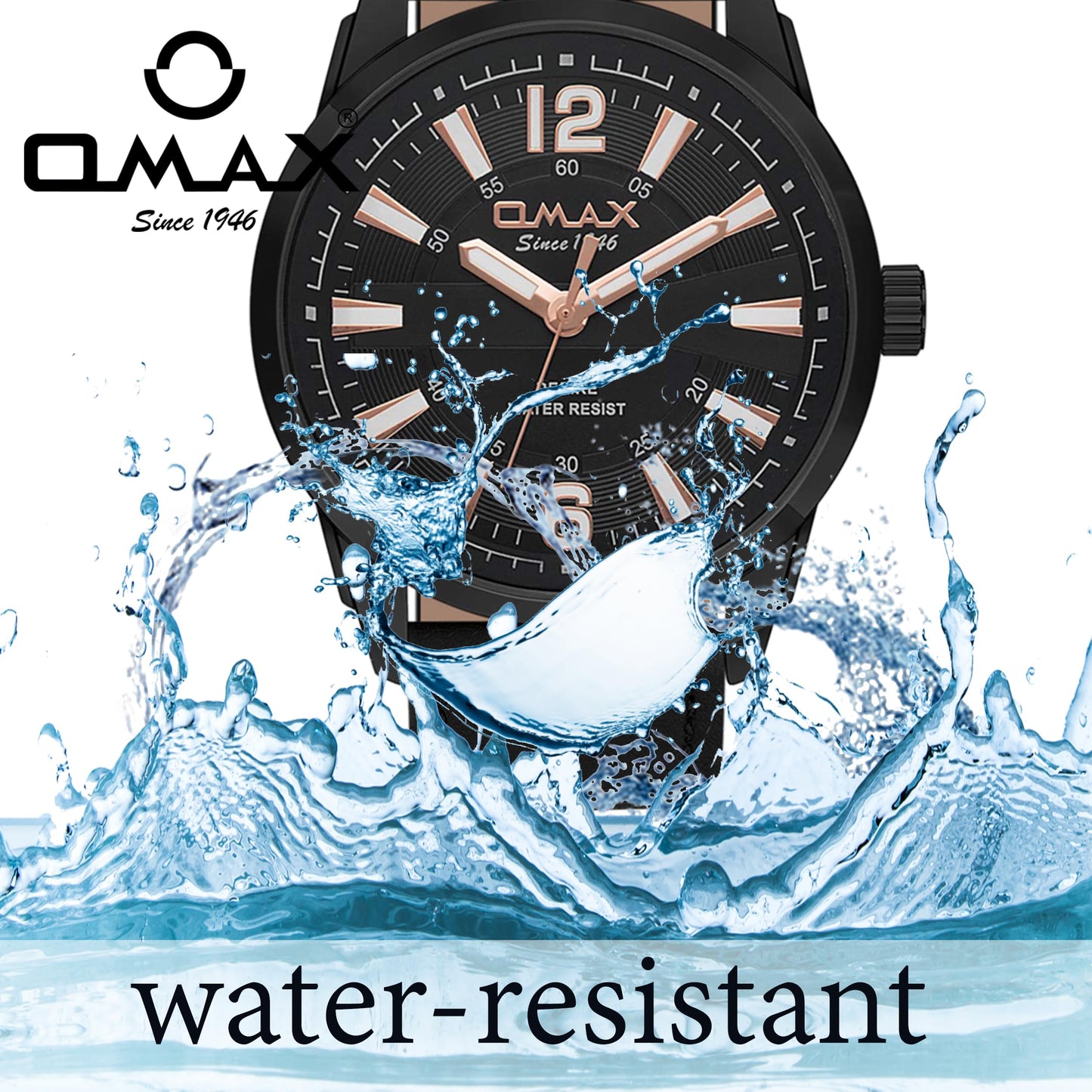 Omax Analog Black Dial Black Leather Strap Watch with Rose Gold Index - GX29M22O