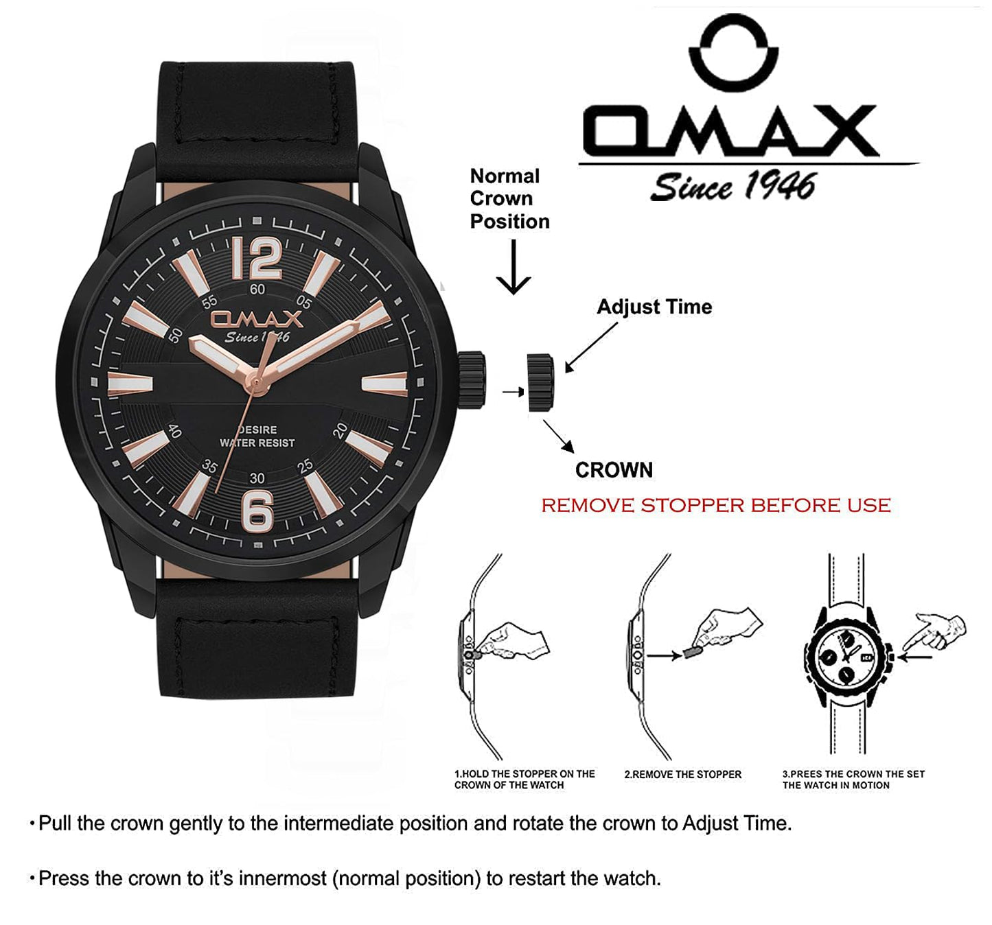 Omax Analog Black Dial Black Leather Strap Watch with Rose Gold Index - GX29M22O