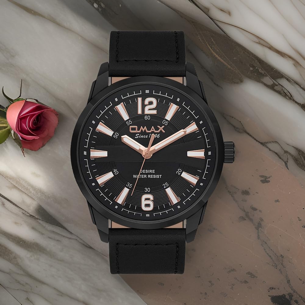 Omax Analog Black Dial Black Leather Strap Watch with Rose Gold Index - GX29M22O