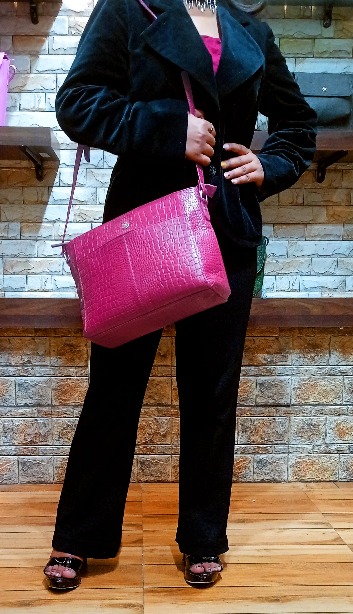 Omax Maroon Genuine Leather Croco Stylish Shoulder, Laptop Handbag for Women LTHRL3