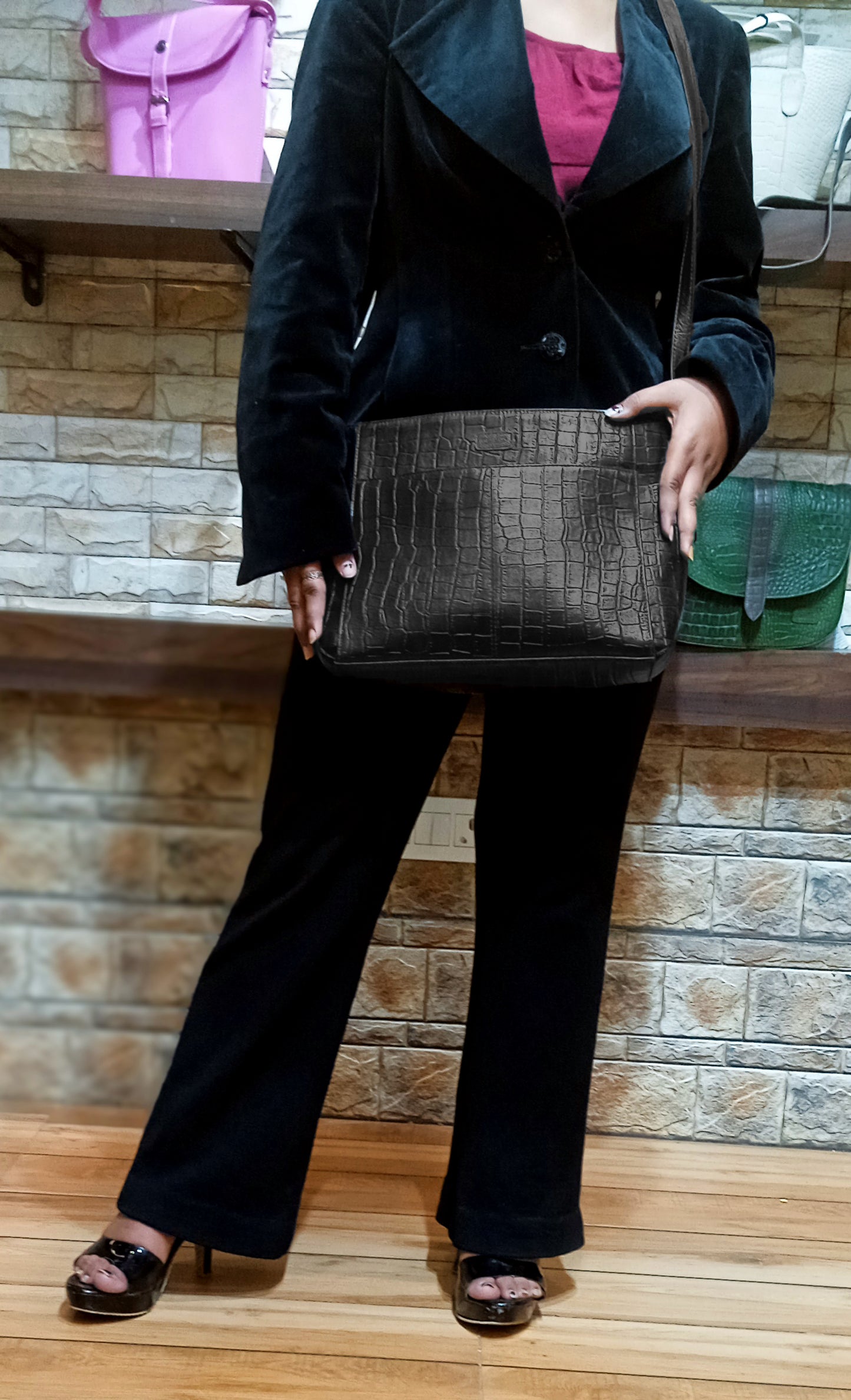 Omax Black Genuine Leather Croco Stylish Shoulder, Laptop Handbag for Women LTHRL3