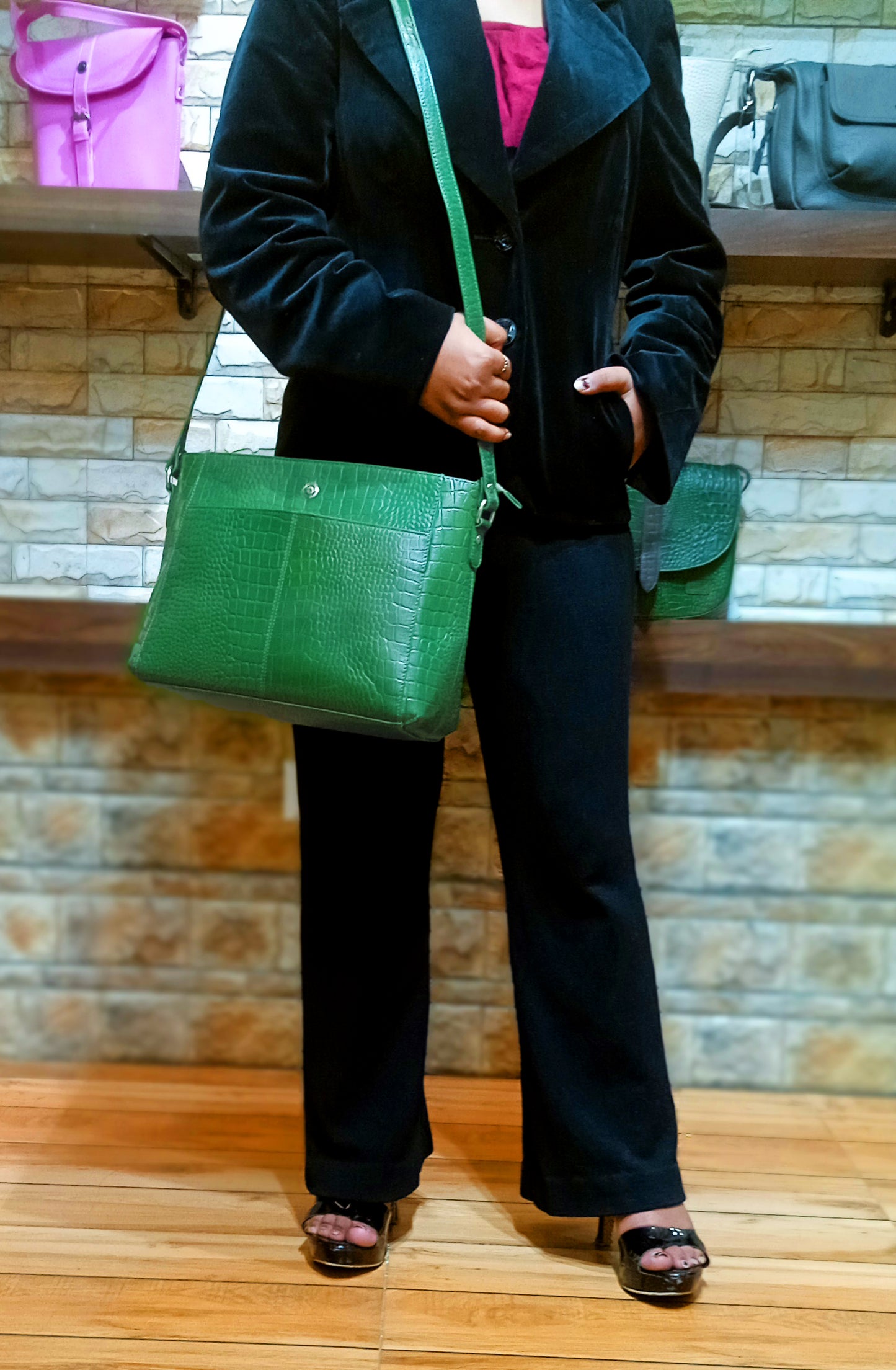 Omax Olive Green Genuine Leather Croco Stylish Shoulder, Laptop Handbag for Women LTHRL3