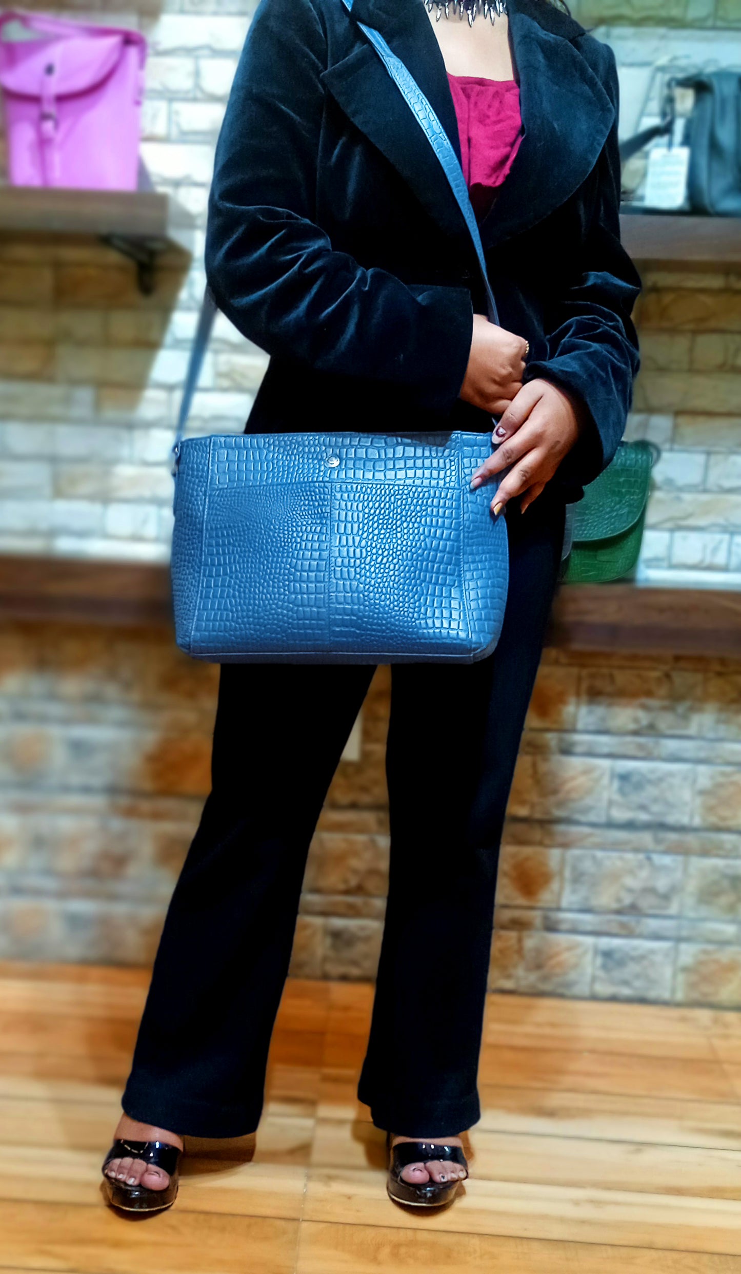 Omax Blue Genuine Leather Croco Stylish Shoulder, Laptop Handbag for Women LTHRL3