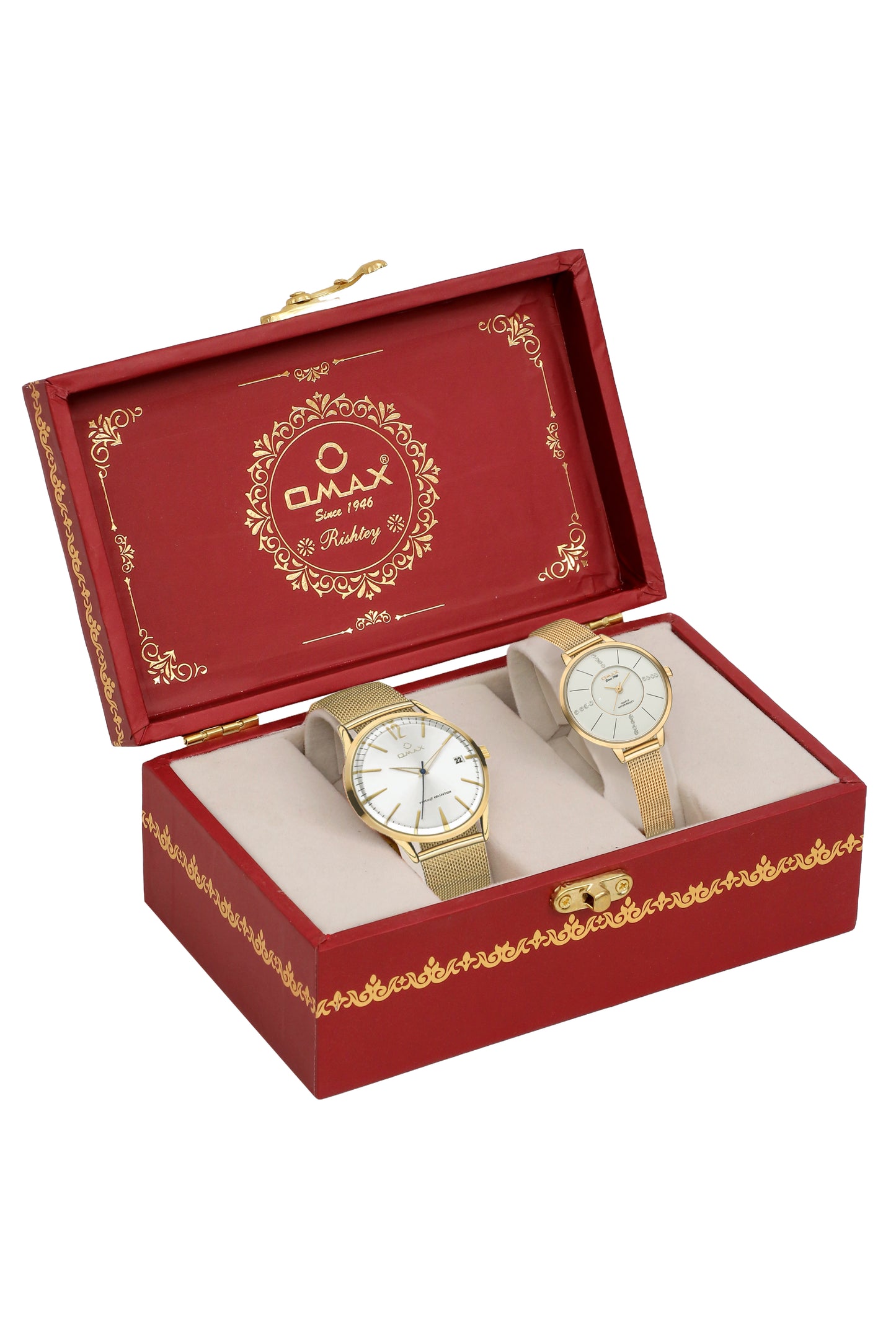 OMAX Analog White Dial with Golden Stainless Steel Mesh Strap Watch Pair for Couple -CPL01