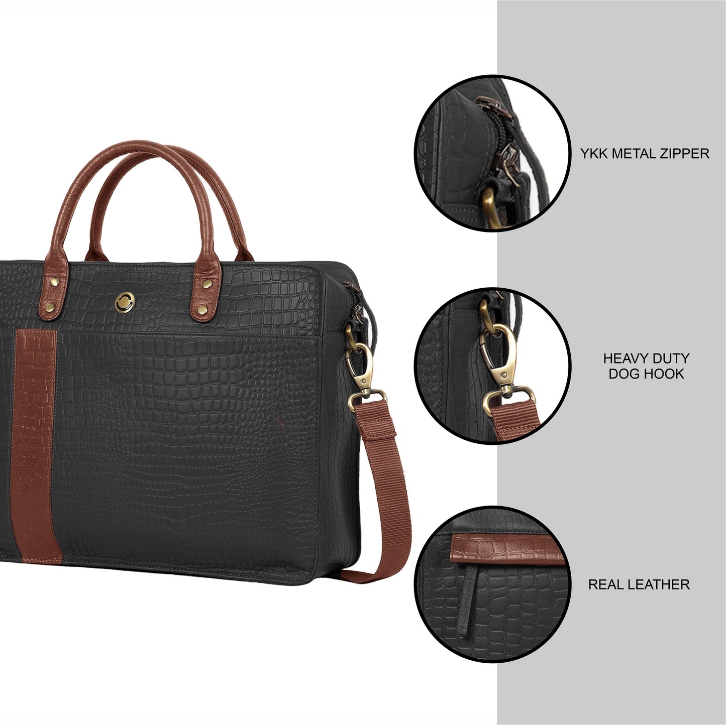 OMAX Black Contrast Mix Matching Croco Design Genuine Leather Laptop Bags for Men and Women LTHRMSN59