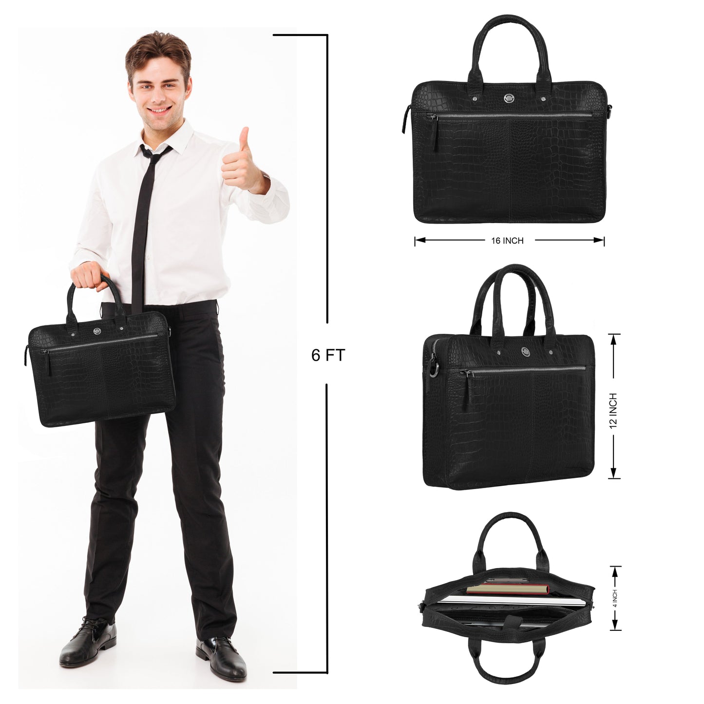 Omax Black Genuine Leather Croco Design with Metal Zipper Laptop Bag for Men and Women LTHR02